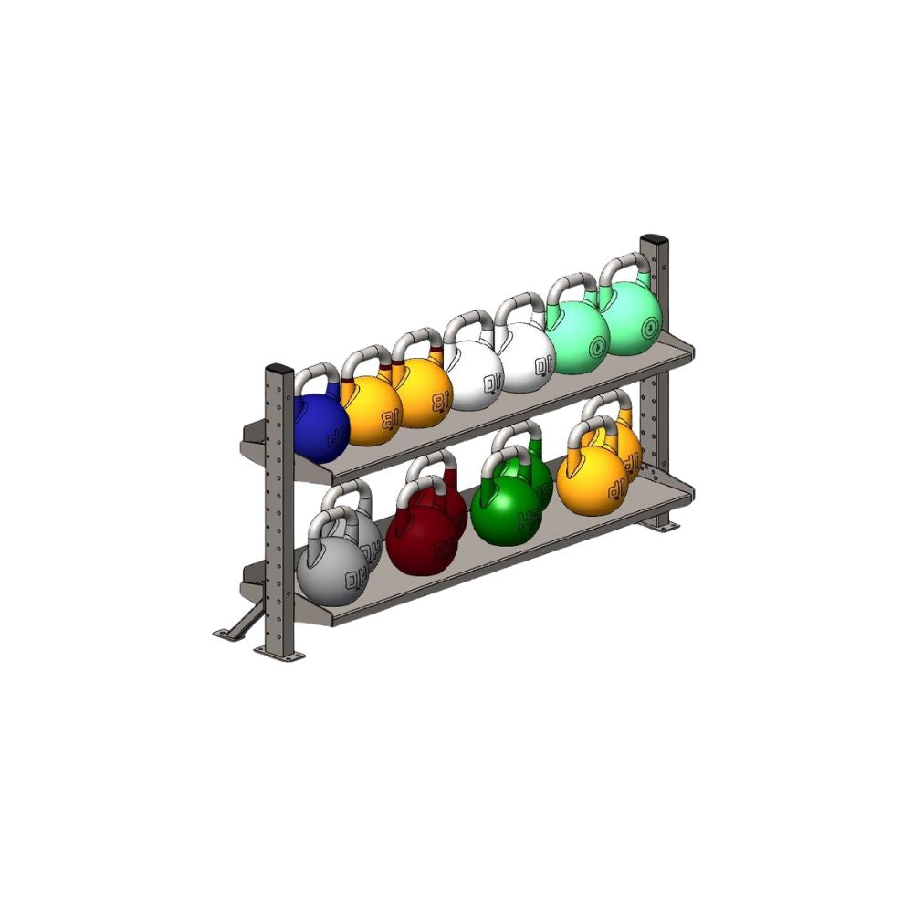 Two-Tier Kettlebell Storage Rack White Background Illustrated Diagram
