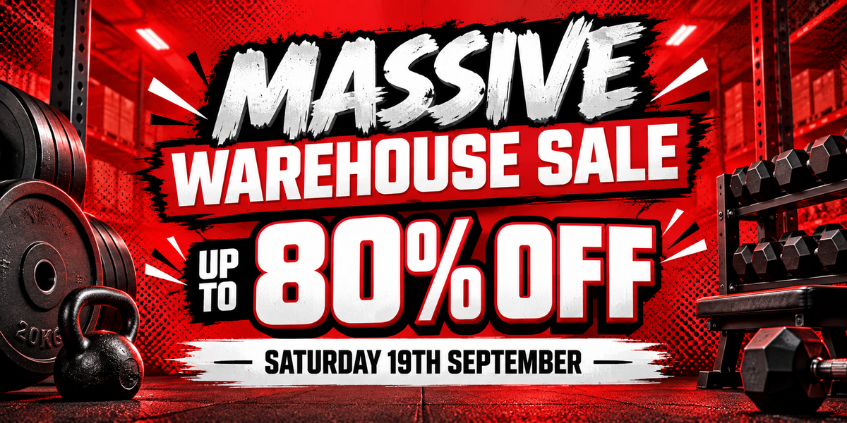 Promotional sale graphic with large text reading 'MASSIVE WAREHOUSE SALE UP TO 80% OFF' and 'SATURDAY 19TH SEPTEMBER' over a red gym interior with weights and dumbbells.