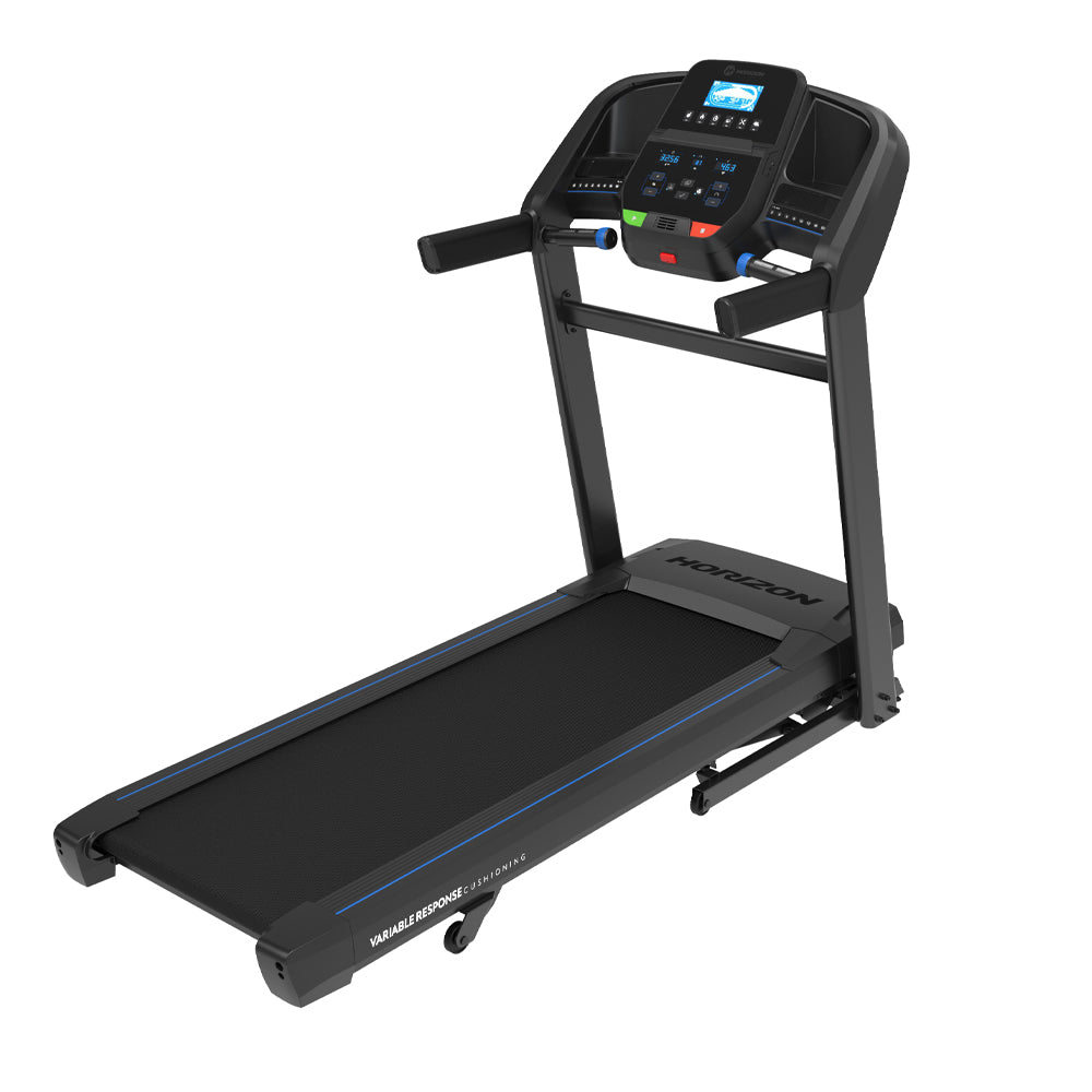 Horizon T202 Folding Treadmill - Black and Blue - White Background
