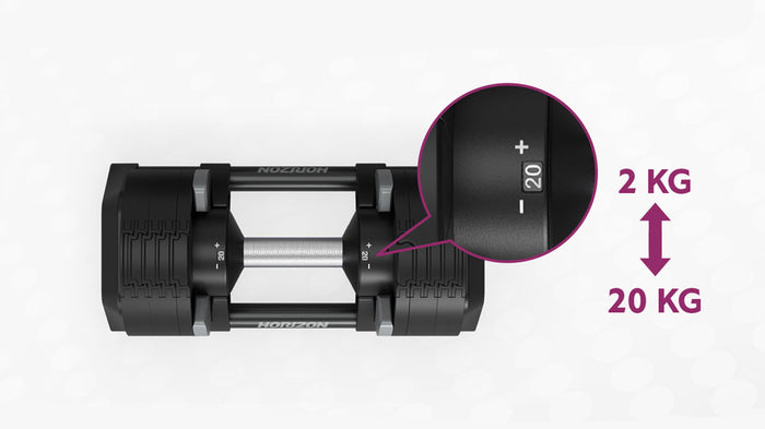 horizon adjustable dumbbell weights - on stand - 2kg-20kg