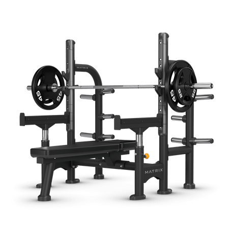 matrix olympic flat bench with safety arms 
